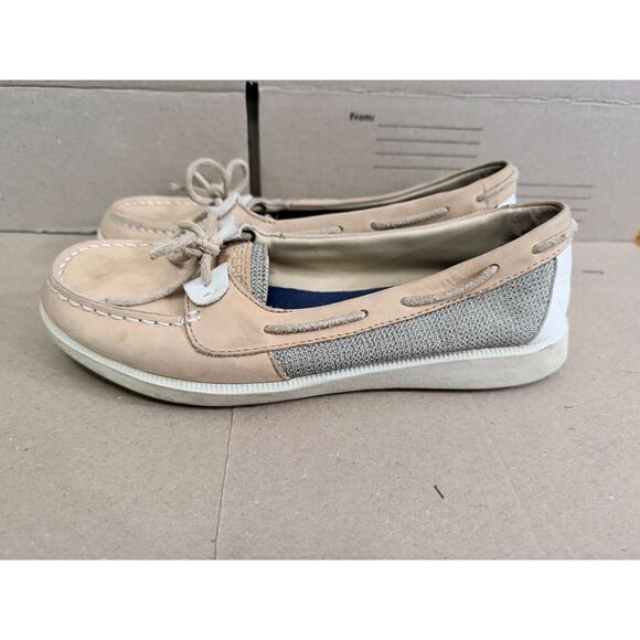 Sperry Leather Womens Boat Shoe Moccasin Size 7 Khaki Tan Slide On Comfort Shoe - Picture 7 of 7